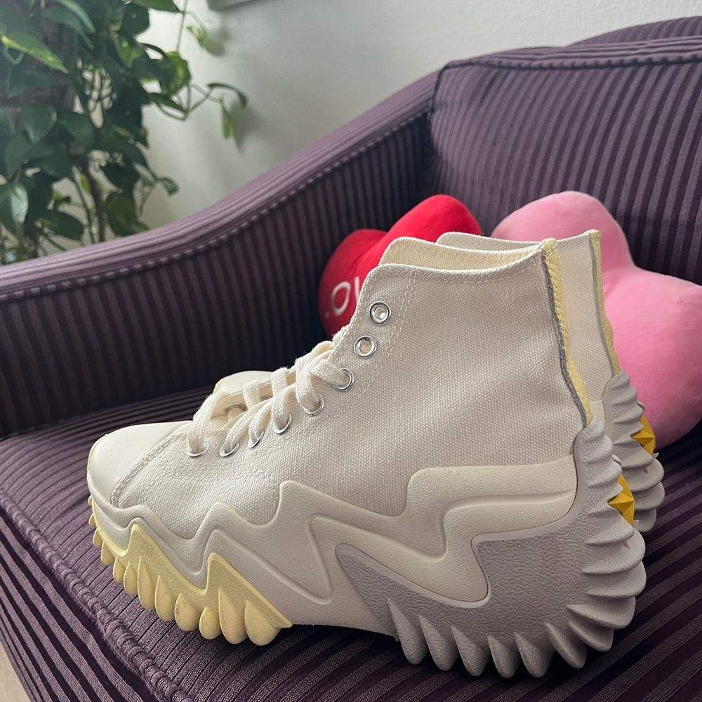 White and Gray High-Top Sneakers with Chunky Sole